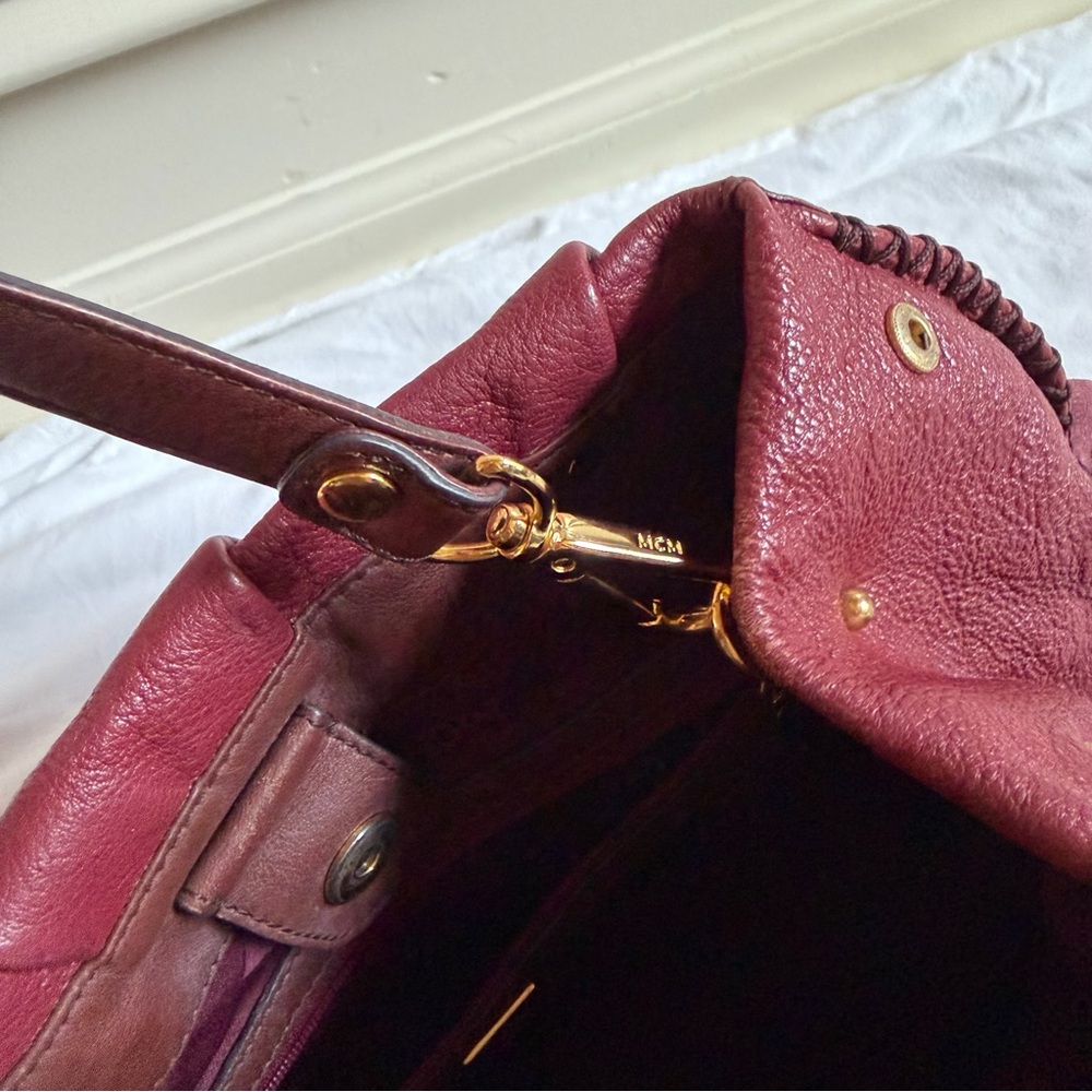 MCM Burgundy Maroon Leather Two Way Satchel Bag Leather Colon Hobo Medium - Picture 8 of 10